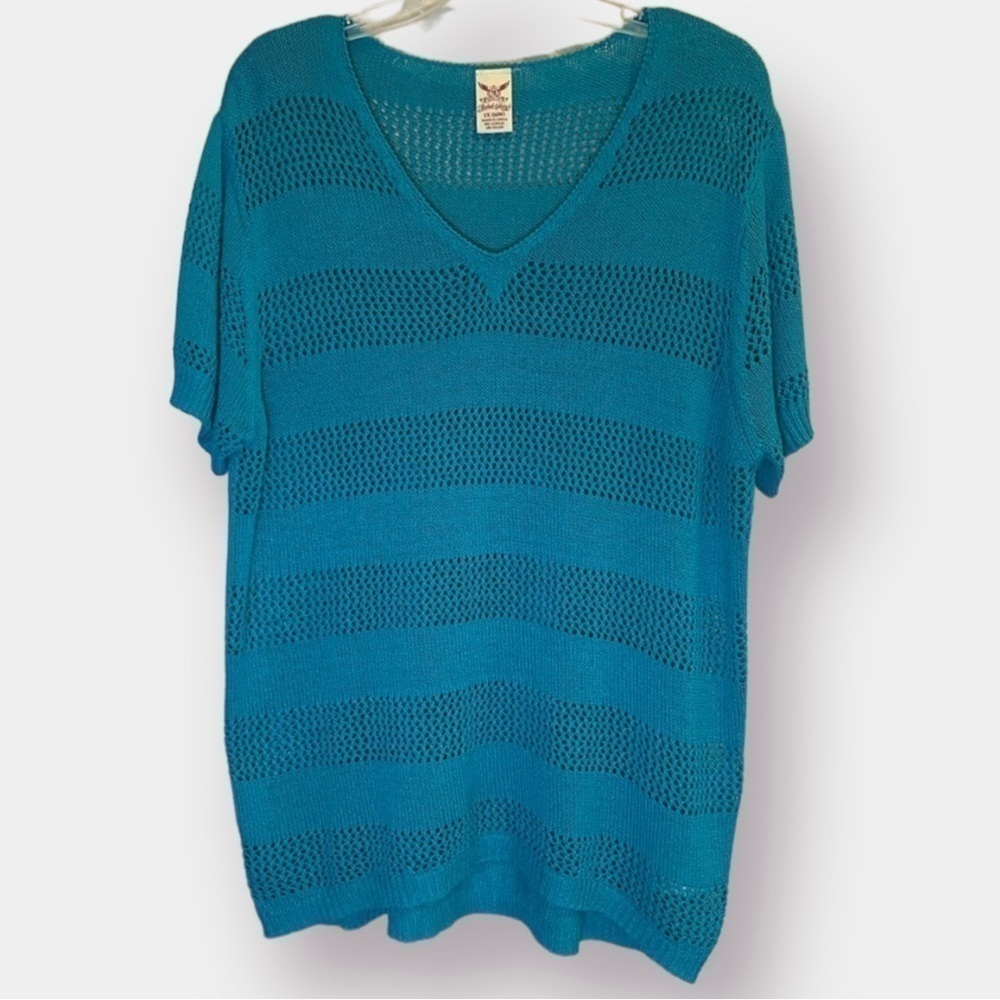 Bathing Suit Cover Up Tunic Blue Turquoise Crochet Sweater Size 1X 16W